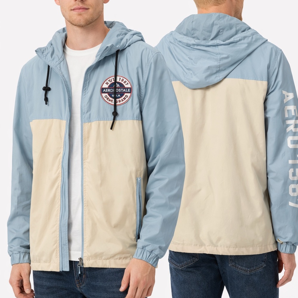 Aeropostale Men's Light Blue and Beige Windbreaker